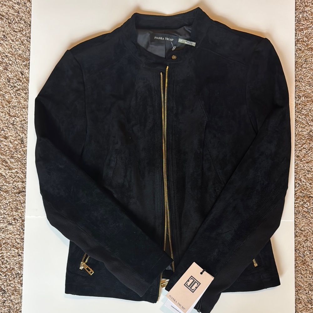 NWT Ivanka Trump Black Faux Suede Leather Zip Bomber Moto Jacket - size Small - Picture 2 of 6